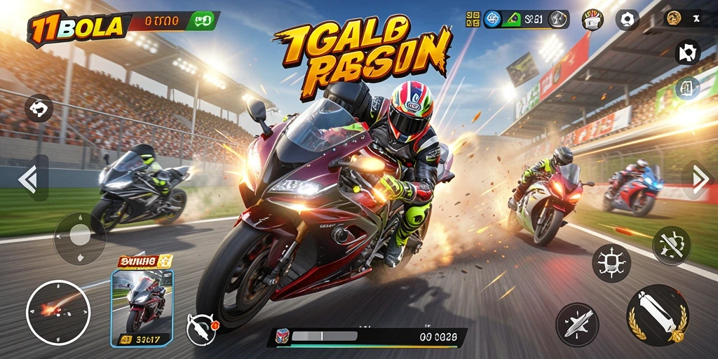 Tampilan gameplay 11BOLA dengan suasana balap motor yang intens.