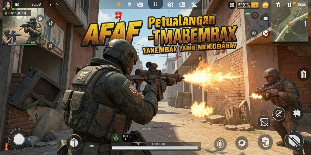 Screenshot utama AFAF menunjukkan aksi menembak yang intens dan lingkungan yang detail.