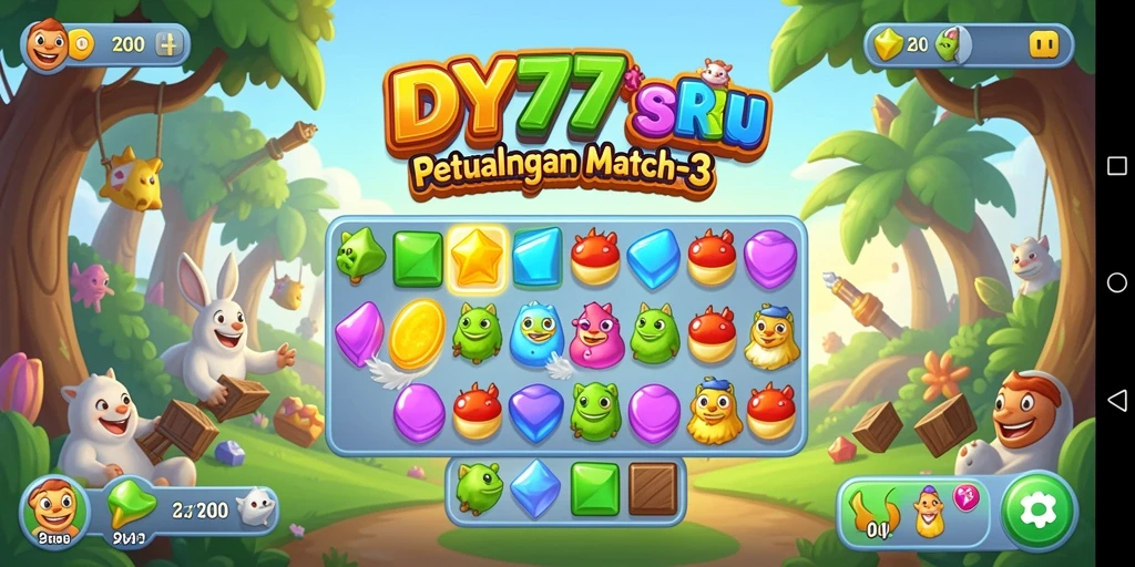 Screenshot permainan DY777 yang menunjukkan momen mencocokkan item Match-3.