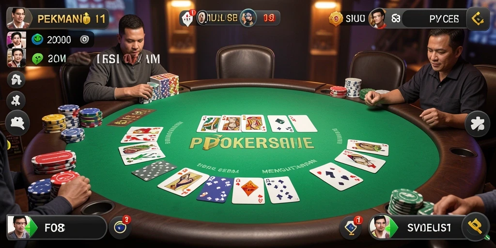 Tampilan permainan poker intens dengan pemain bersaing.