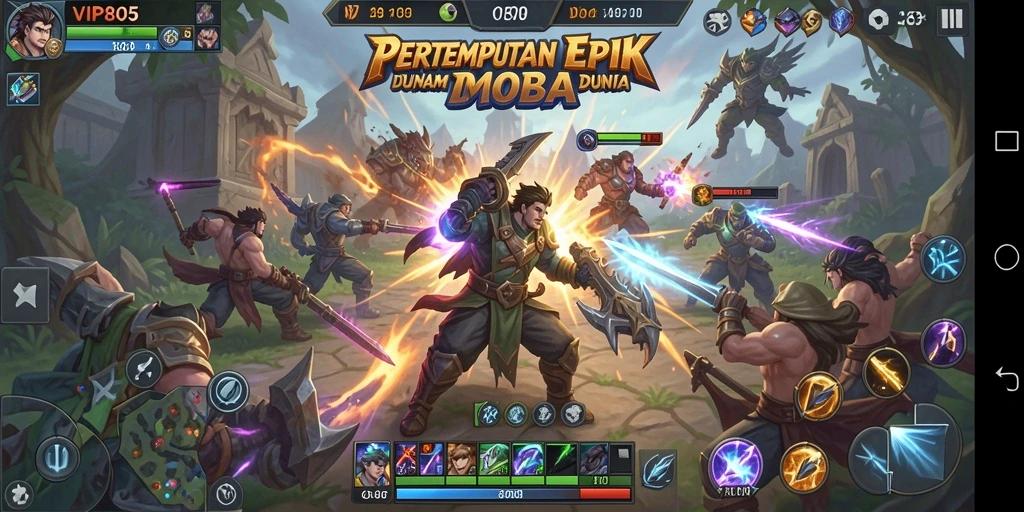 Tangkapan layar utama menunjukkan aksi pertempuran mendebarkan dalam mode MOBA.